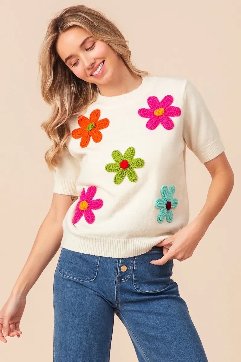BiBi Crochet Flower Patch Sweater Top - Demented Sisters