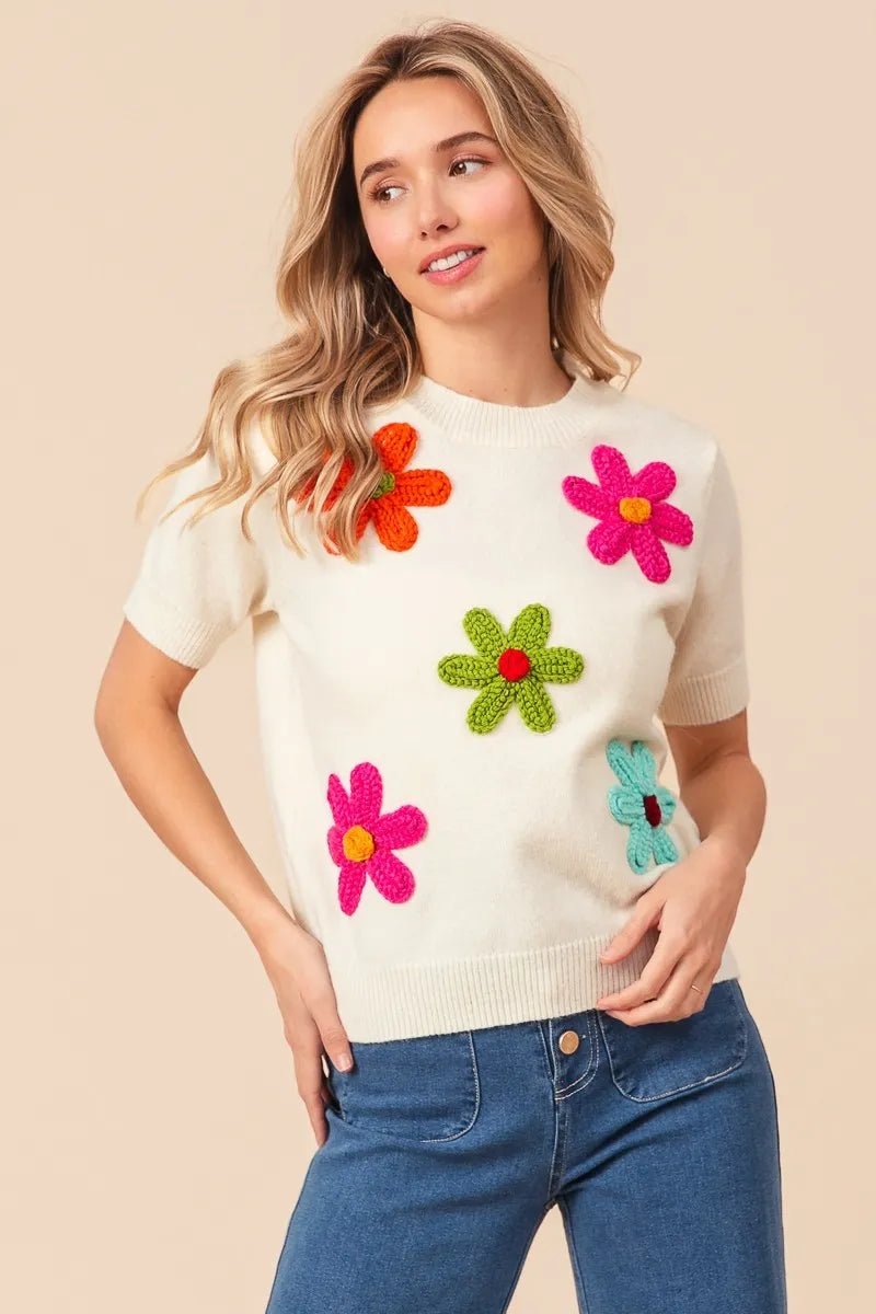 BiBi Crochet Flower Patch Sweater Top - Demented Sisters