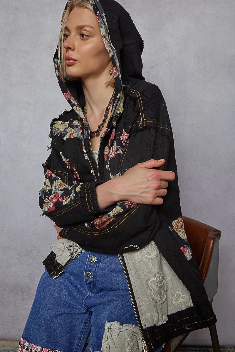POL Zip Up Floral and Lace Patch Washed Jacket - Demented Sisters