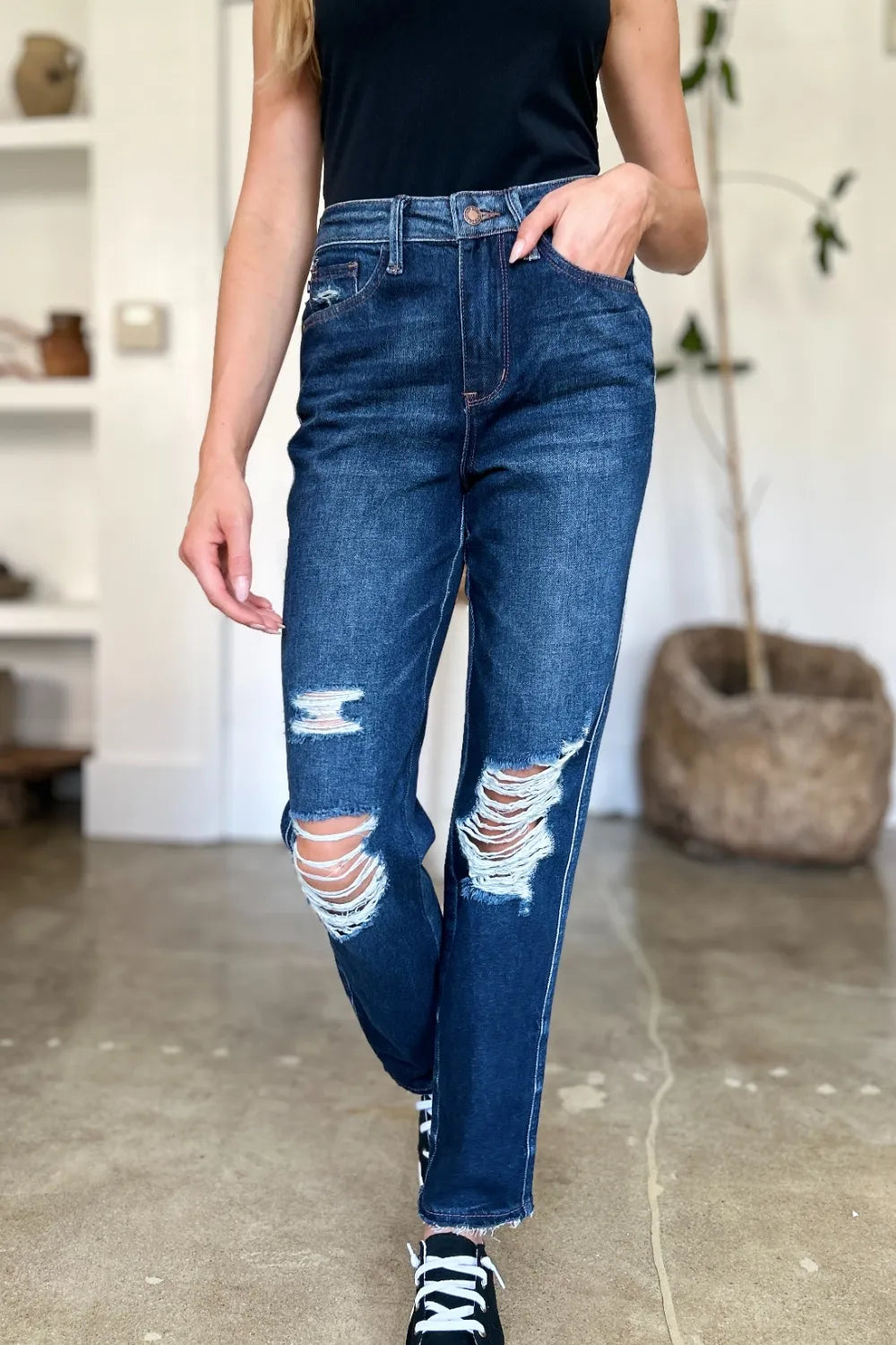 Judy Blue Full Size High Waist Rigid Magic Heavy Destroy Straight Jeans - Demented Sisters