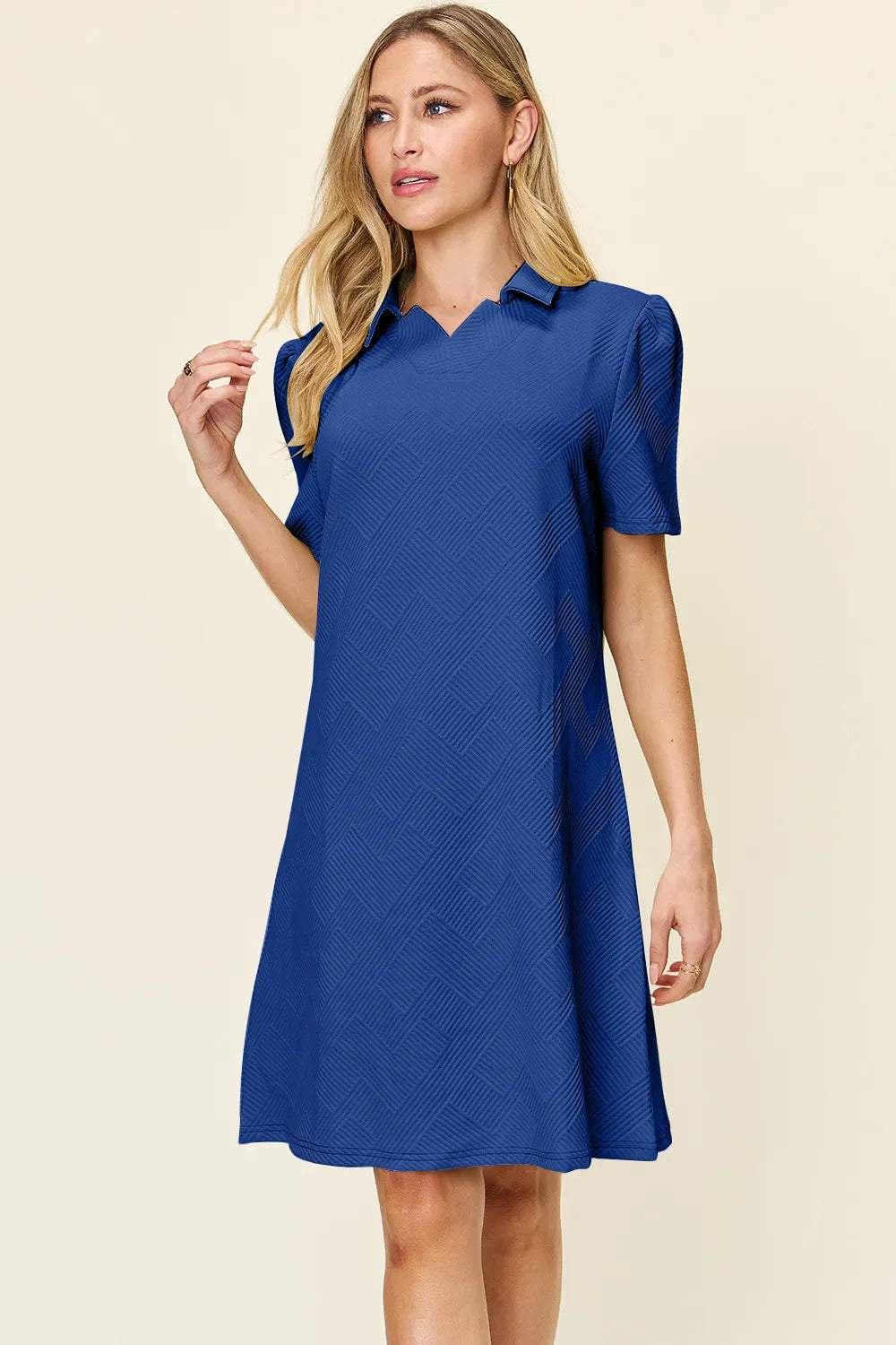Double Take Full Size Texture Collared Neck Short Sleeve Dress - Demented Sisters