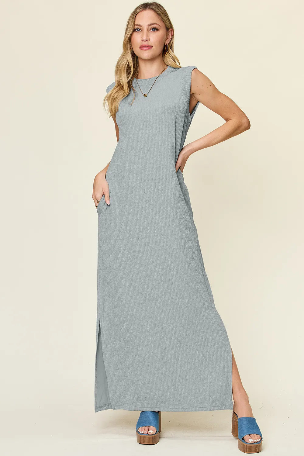 Double Take Full Size Texture Mock Neck Sleeveless Maxi Dress - Demented Sisters