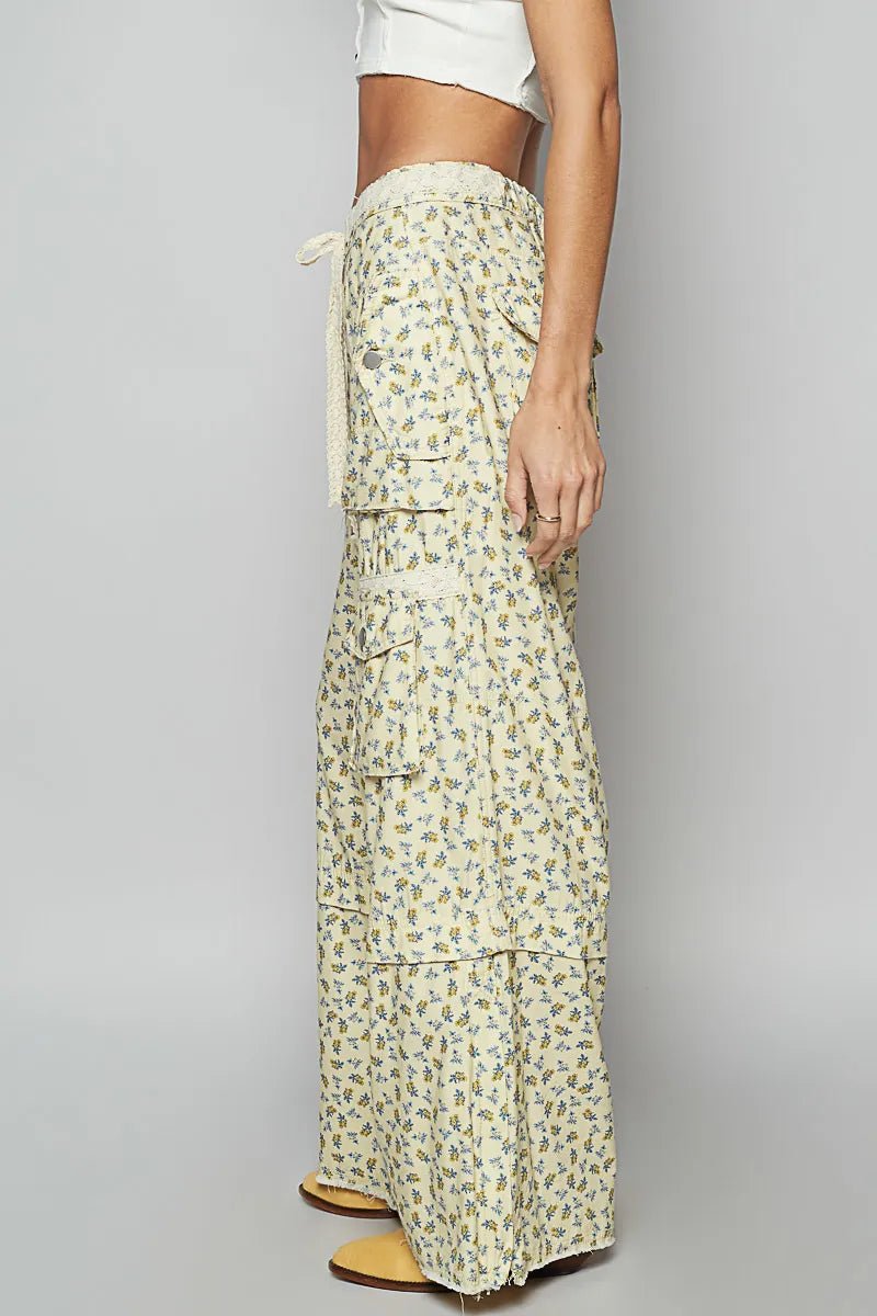 POL Floral Cargo Wide Leg Pants with Lace Drawstring - Demented Sisters