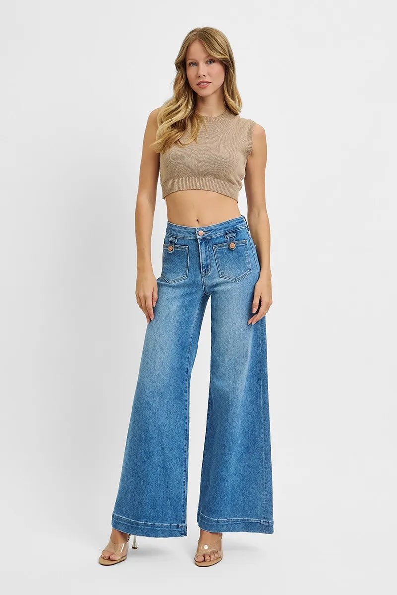 RISEN Full Size Mid Rise Wide Front Patch Pocket Jeans Plus Size - Demented Sisters