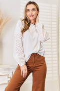 Shiny Eyelet Dropped Shoulder Round Neck Blouse - Demented Sisters