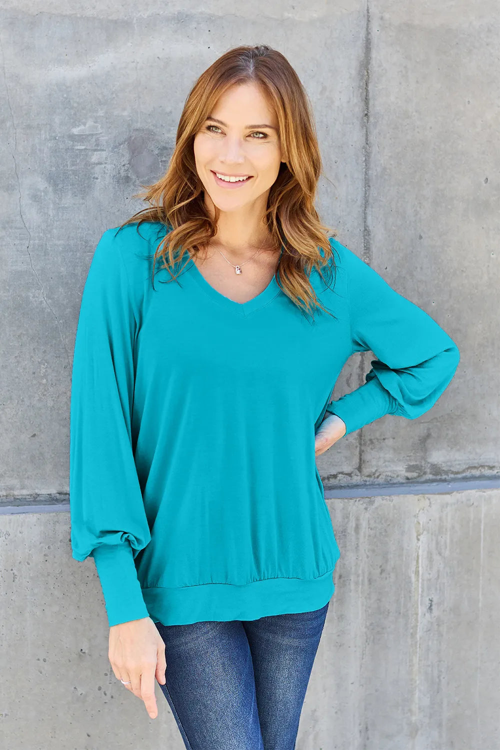 Basic Bae Full Size V - Neck Lantern Sleeve Top - Demented Sisters