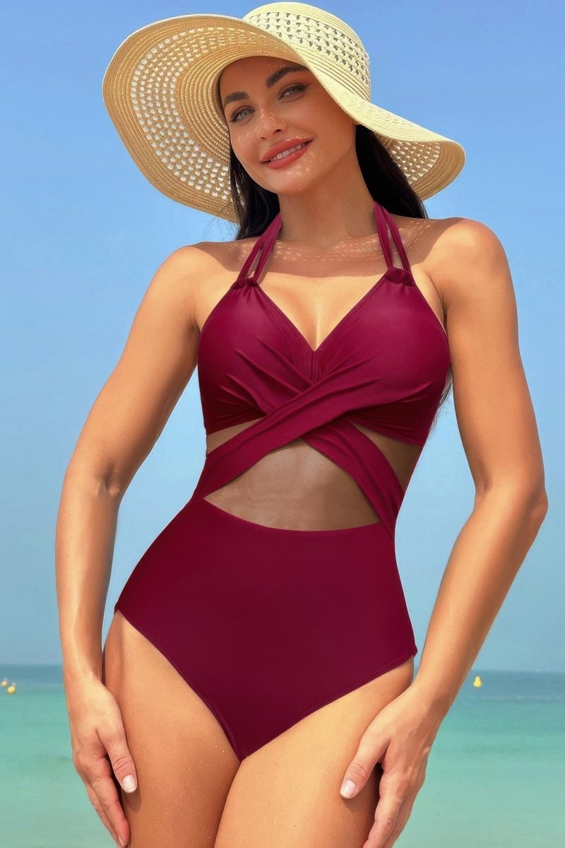 Color Block Halter Swimsuit – Sporty - Chic One - Piece with Cross Lace Detail - Demented Sisters