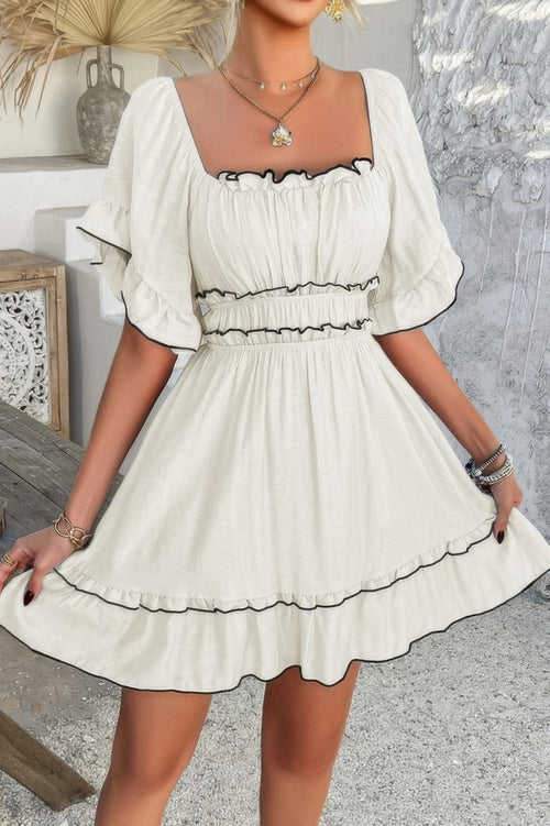 Off Shoulder Square Neck Ruffle Trim Short Dress - Demented Sisters