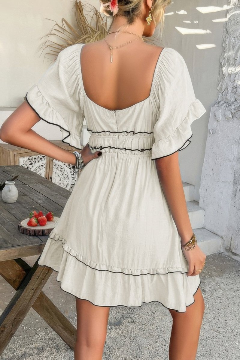 Off Shoulder Square Neck Ruffle Trim Short Dress - Demented Sisters