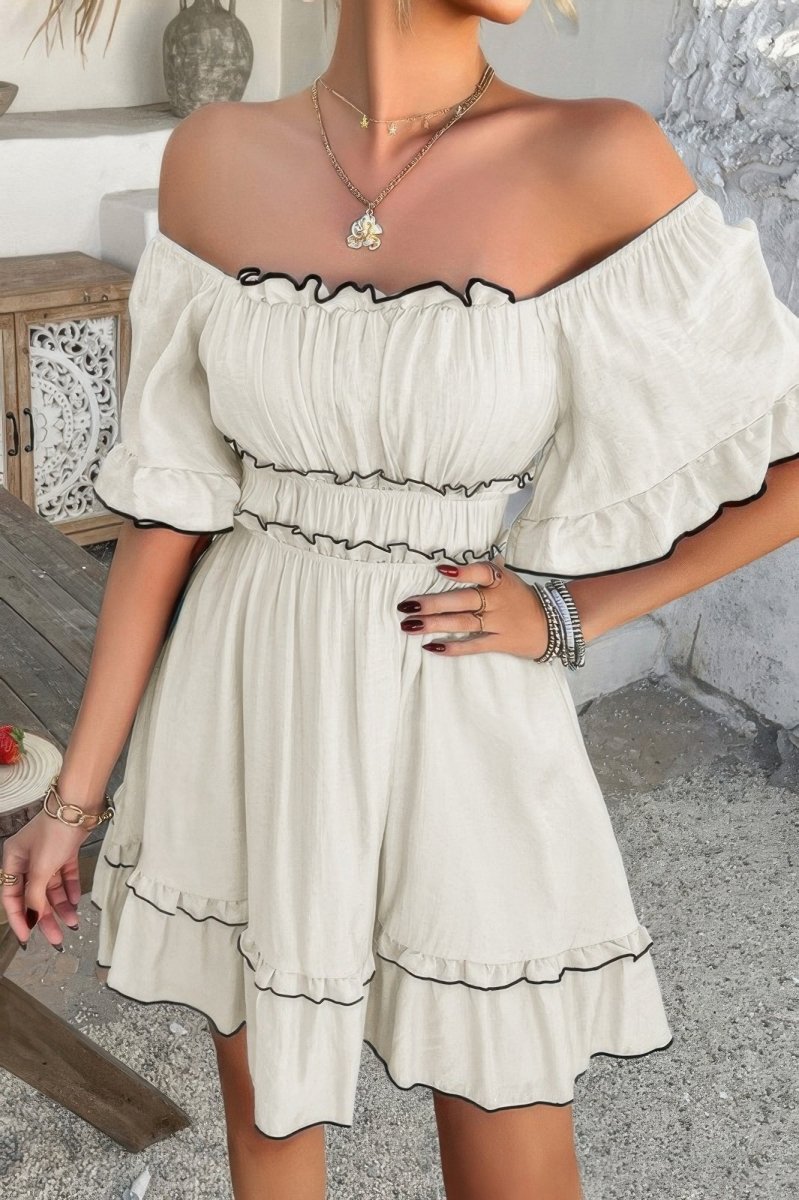 Off Shoulder Square Neck Ruffle Trim Short Dress - Demented Sisters