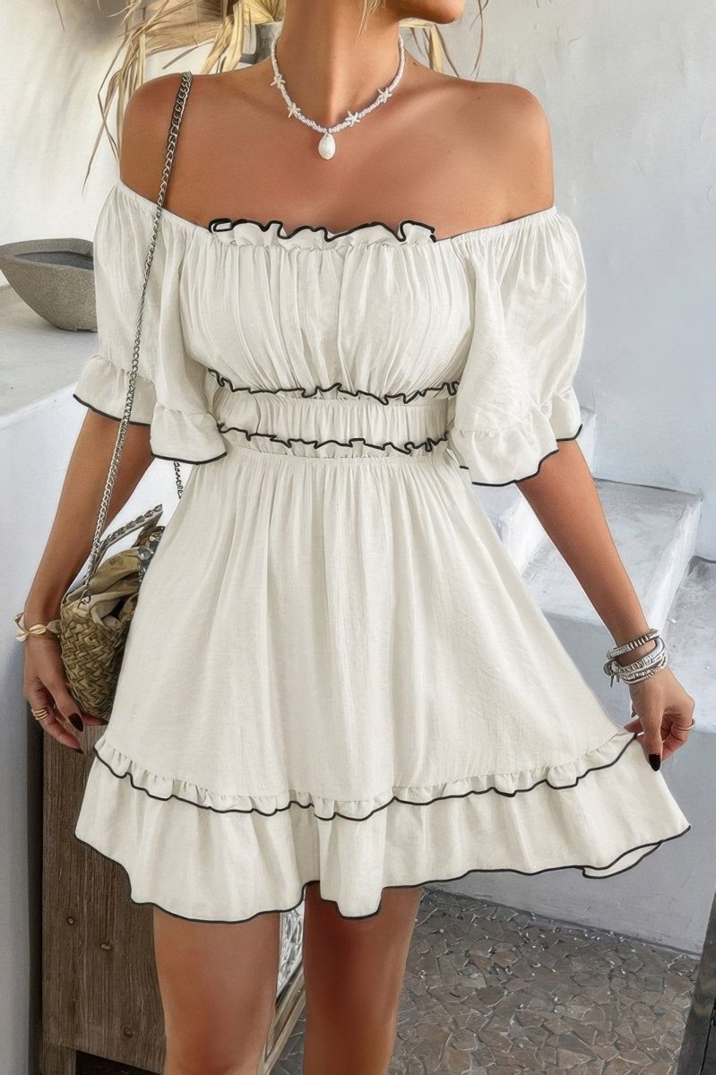 Off Shoulder Square Neck Ruffle Trim Short Dress - Demented Sisters