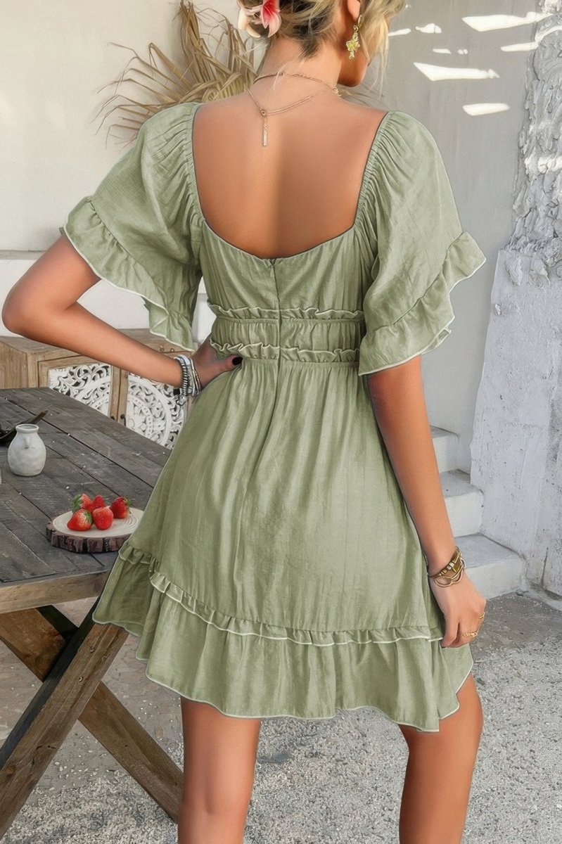 Off Shoulder Square Neck Ruffle Trim Short Dress - Demented Sisters