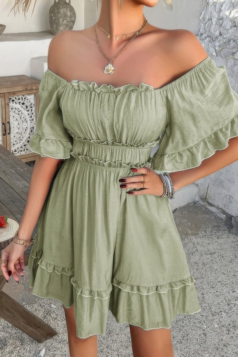 Off Shoulder Square Neck Ruffle Trim Short Dress - Demented Sisters