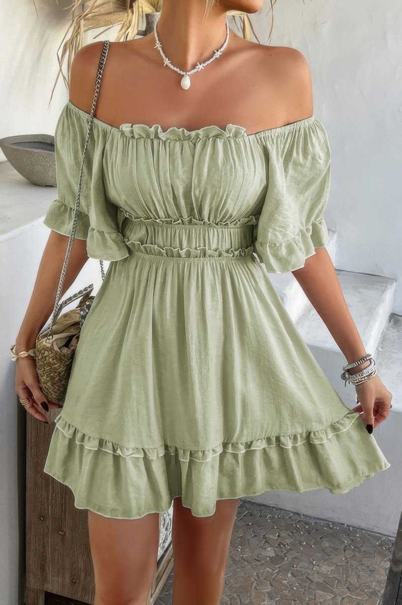Off Shoulder Square Neck Ruffle Trim Short Dress - Demented Sisters