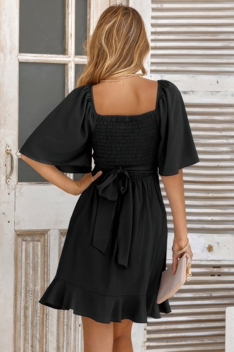 V Neck Bell Sleeves Ruffle Elastic Waist Wrap Dress - Demented Sisters
