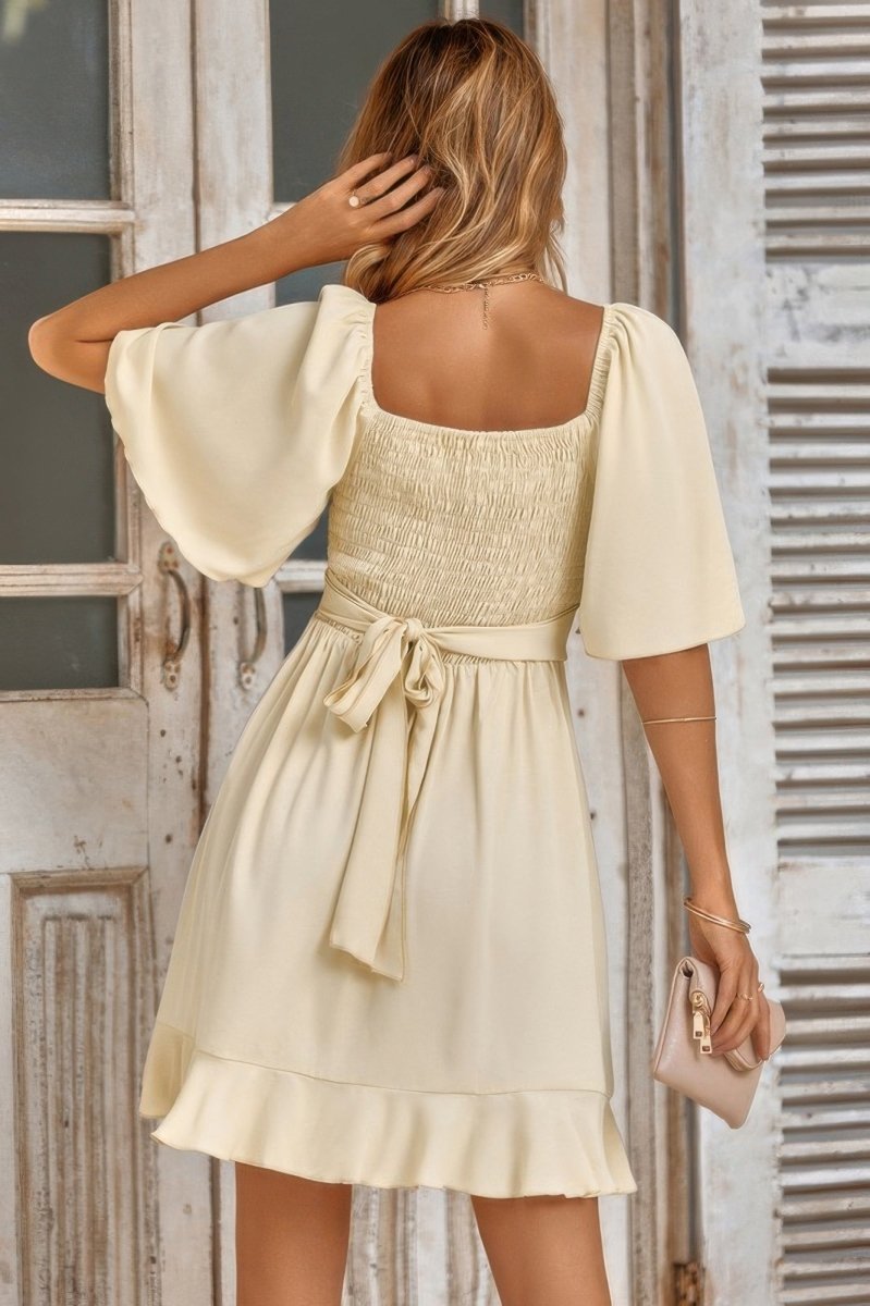 V Neck Bell Sleeves Ruffle Elastic Waist Wrap Dress - Demented Sisters