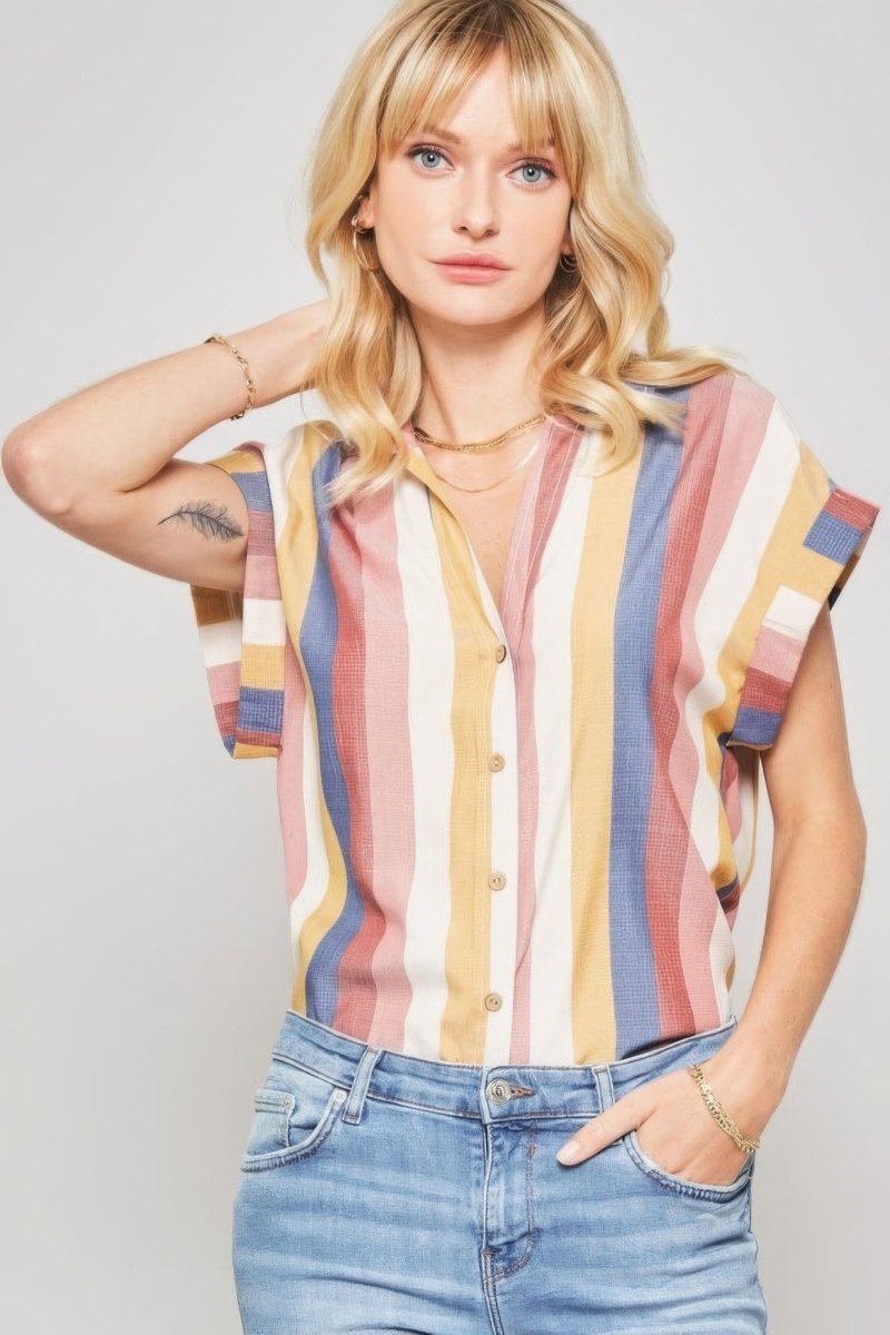 A Woven Shirt In Multicolor Striped With Collared Neckline - Demented Sisters