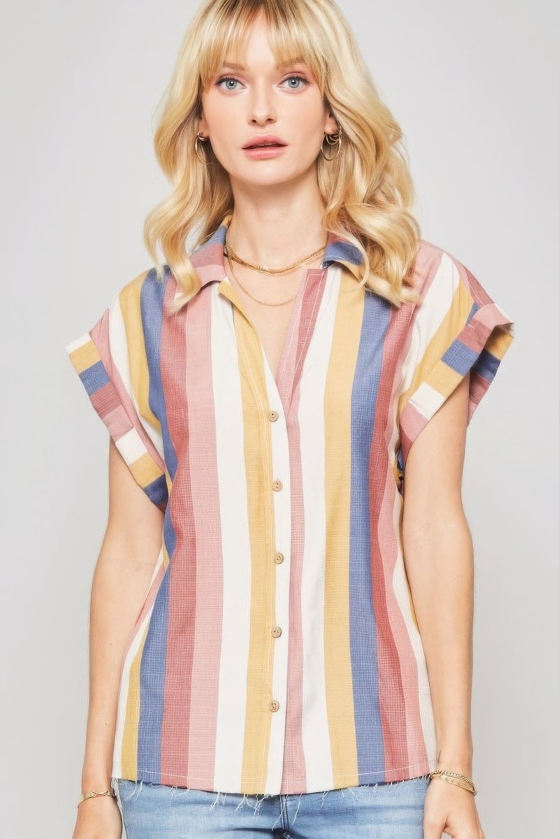 A Woven Shirt In Multicolor Striped With Collared Neckline - Demented Sisters
