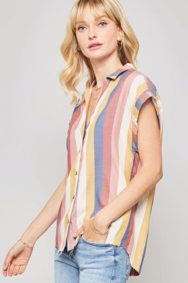 A Woven Shirt In Multicolor Striped With Collared Neckline - Demented Sisters