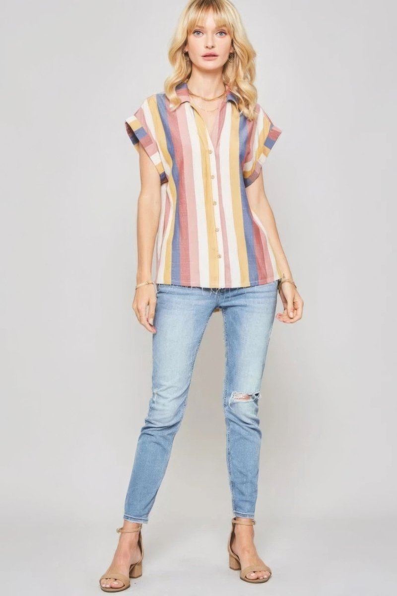 A Woven Shirt In Multicolor Striped With Collared Neckline - Demented Sisters