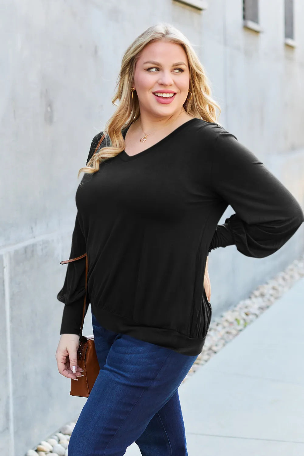 Basic Bae Full Size V - Neck Lantern Sleeve Top - Demented Sisters