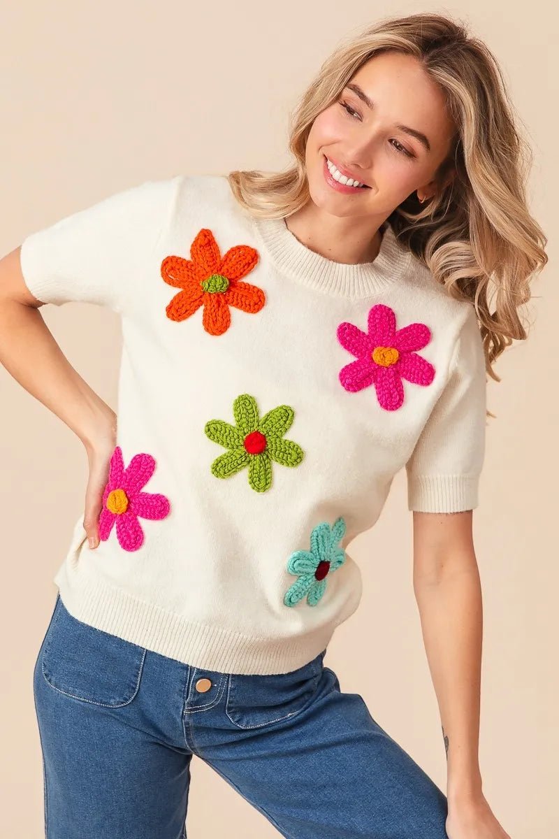 BiBi Crochet Flower Patch Sweater Top - Demented Sisters