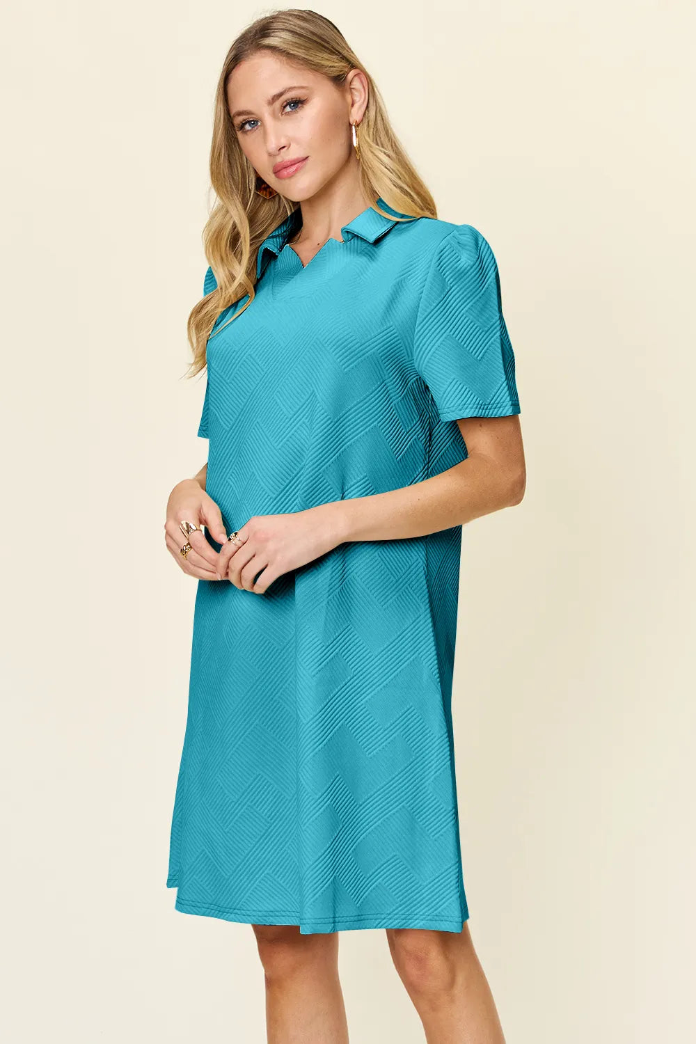 Double Take Full Size Texture Collared Neck Short Sleeve Dress - Demented Sisters