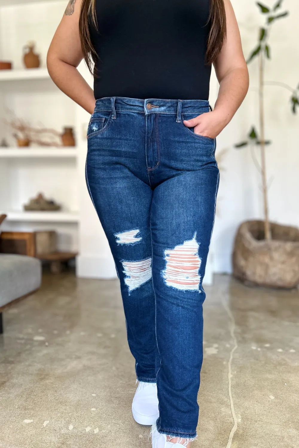 Judy Blue Full Size High Waist Rigid Magic Heavy Destroy Straight Jeans - Demented Sisters