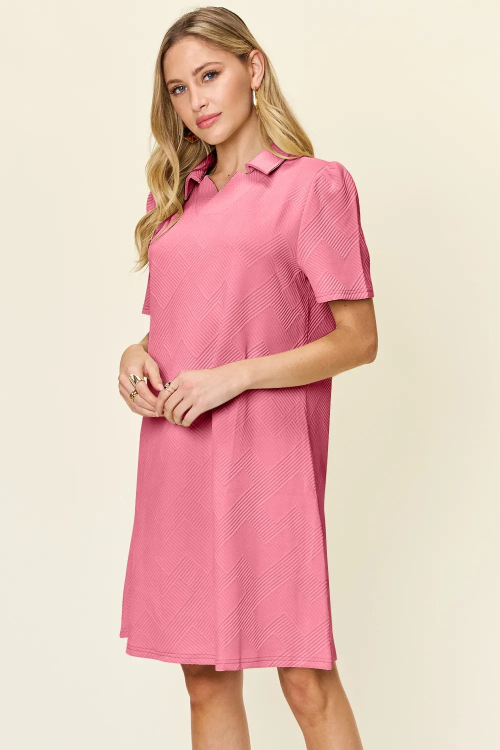 Double Take Full Size Texture Collared Neck Short Sleeve Dress - Demented Sisters