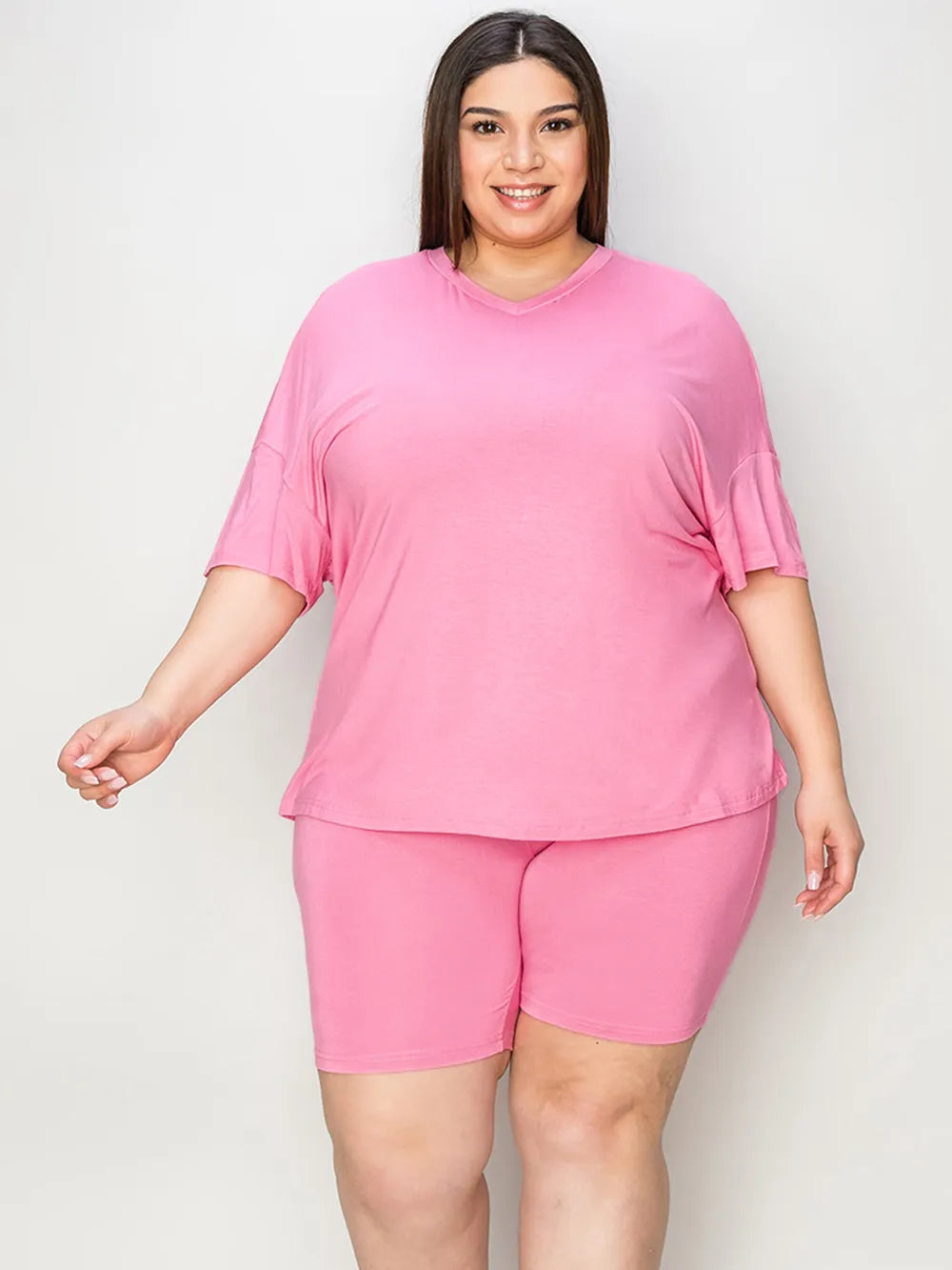 Basic Bae Full Size V - Neck Drop Shoulder T-Shirt and Shorts Set - Demented Sisters