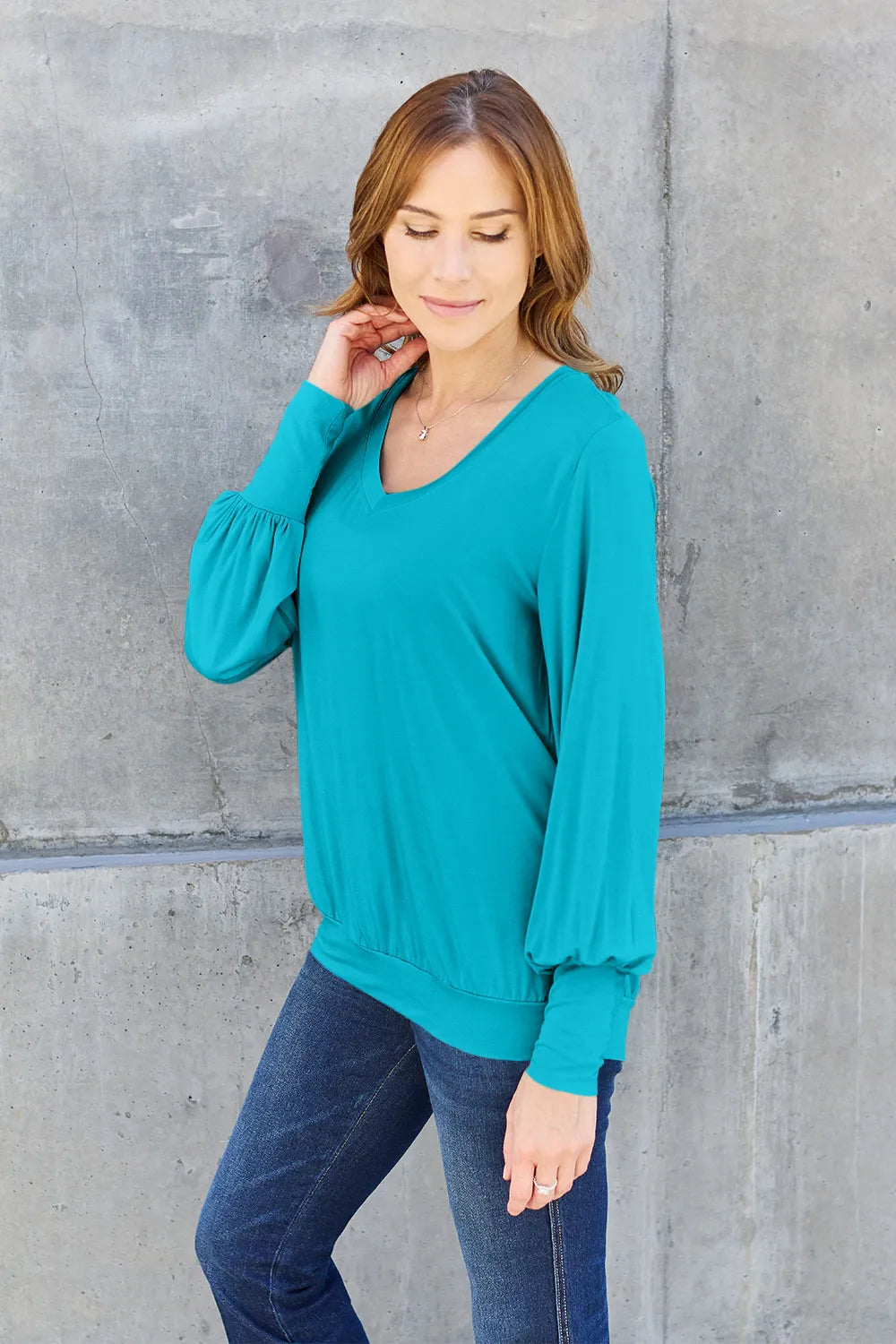Basic Bae Full Size V - Neck Lantern Sleeve Top - Demented Sisters