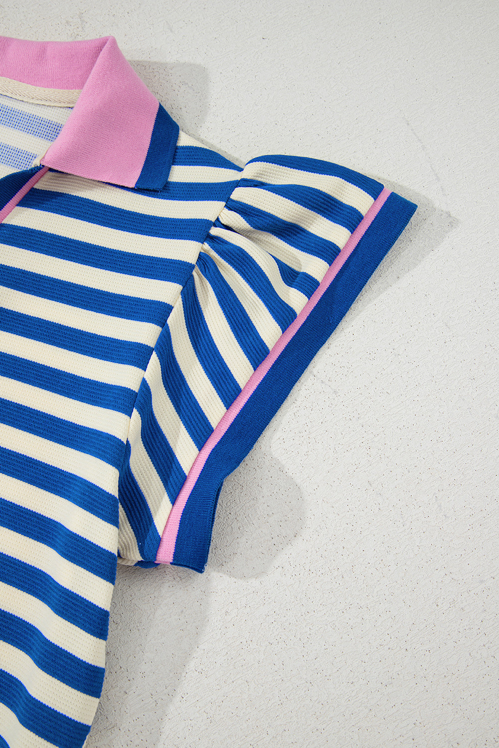 Dark Blue Striped Ruffle Short Sleeve Pop of Color Neckline Dress