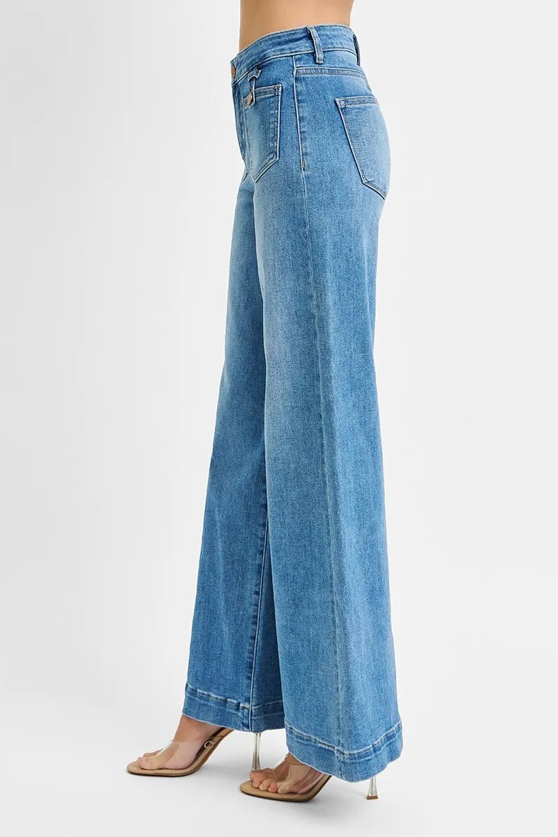 RISEN Full Size Mid Rise Wide Front Patch Pocket Jeans Plus Size - Demented Sisters