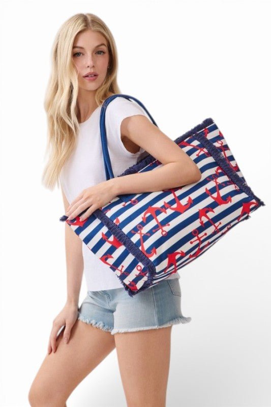 Anchor Stripe Fringe Tote Bag - Demented Sisters