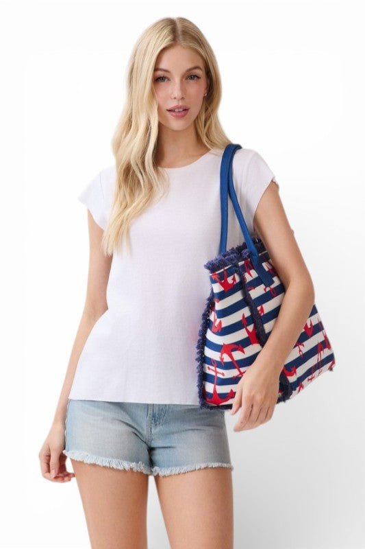 Anchor Stripe Fringe Tote Bag - Demented Sisters