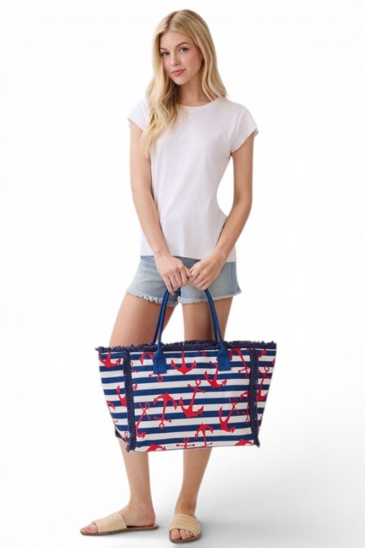 Anchor Stripe Fringe Tote Bag - Demented Sisters
