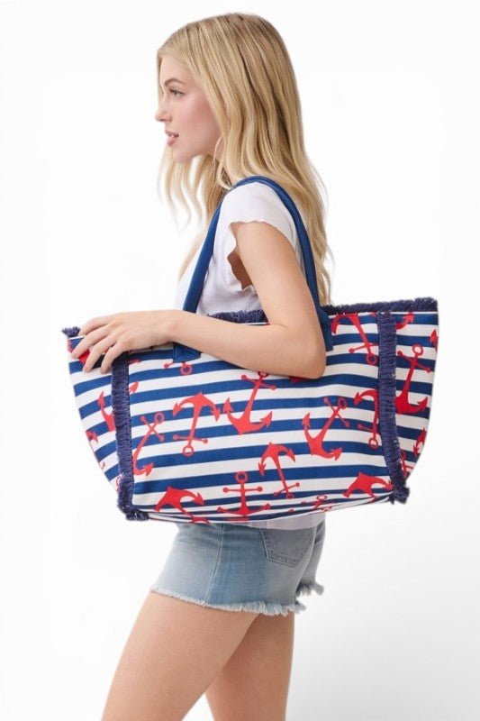 Anchor Stripe Fringe Tote Bag - Demented Sisters