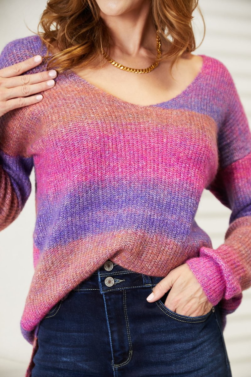 Angel Wings Multicolored Rib - Knit V - Neck Knit Pullover - Demented Sisters