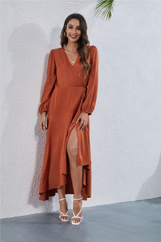 Long Sleeve V - Neck Maxi Dress with Waist Tie & Side Slit - Demented Sisters