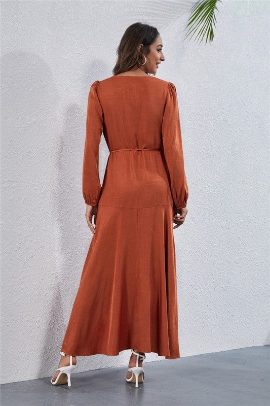 Long Sleeve V - Neck Maxi Dress with Waist Tie & Side Slit - Demented Sisters