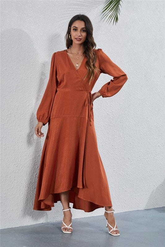 Long Sleeve V - Neck Maxi Dress with Waist Tie & Side Slit - Demented Sisters
