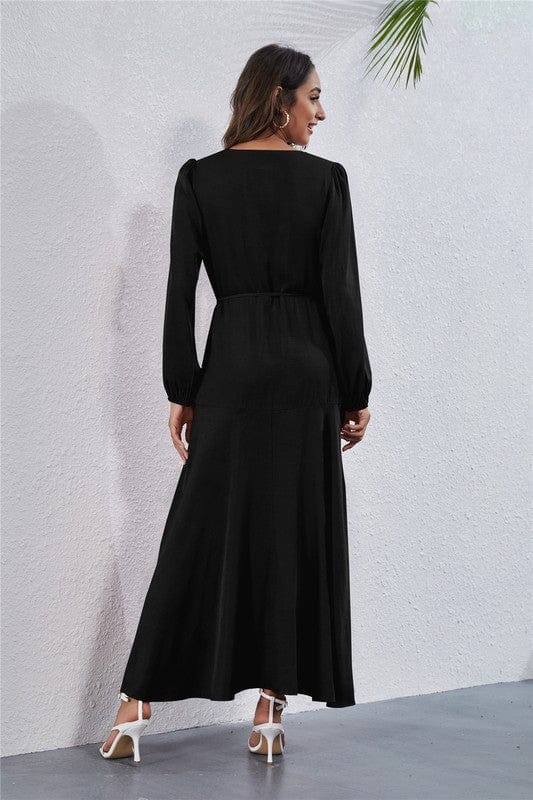 Long Sleeve V - Neck Maxi Dress with Waist Tie & Side Slit - Demented Sisters