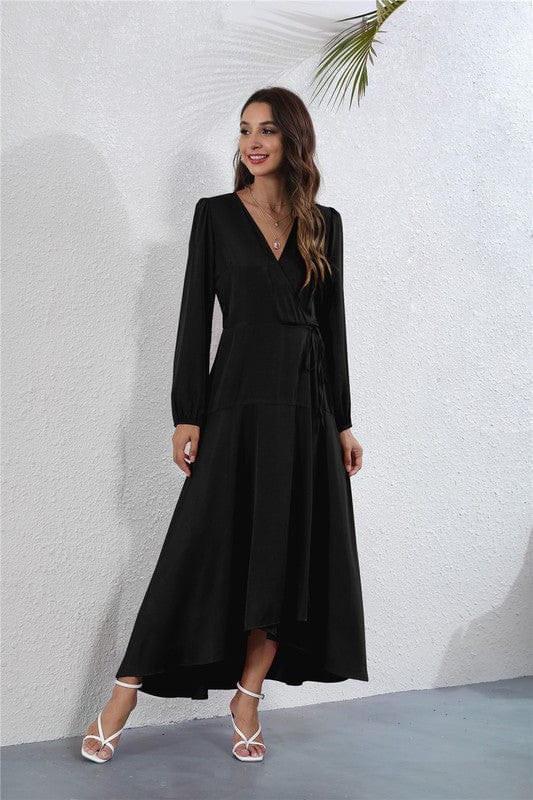 Long Sleeve V - Neck Maxi Dress with Waist Tie & Side Slit - Demented Sisters