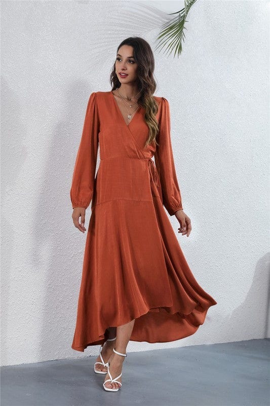Long Sleeve V - Neck Maxi Dress with Waist Tie & Side Slit - Demented Sisters