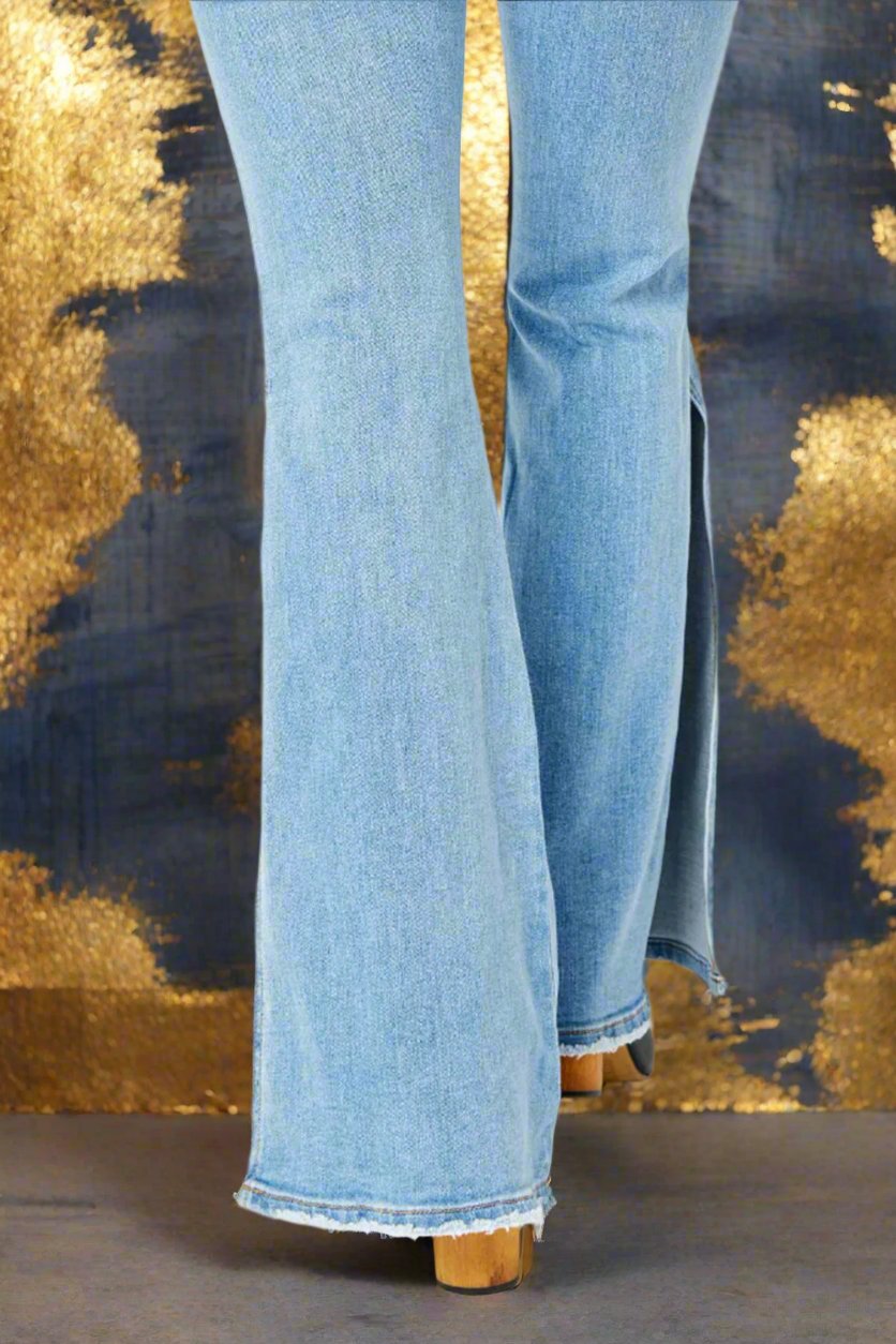 Judy Blue Full Size Mid Rise Raw Hem Slit Flare Jeans - Demented Sisters