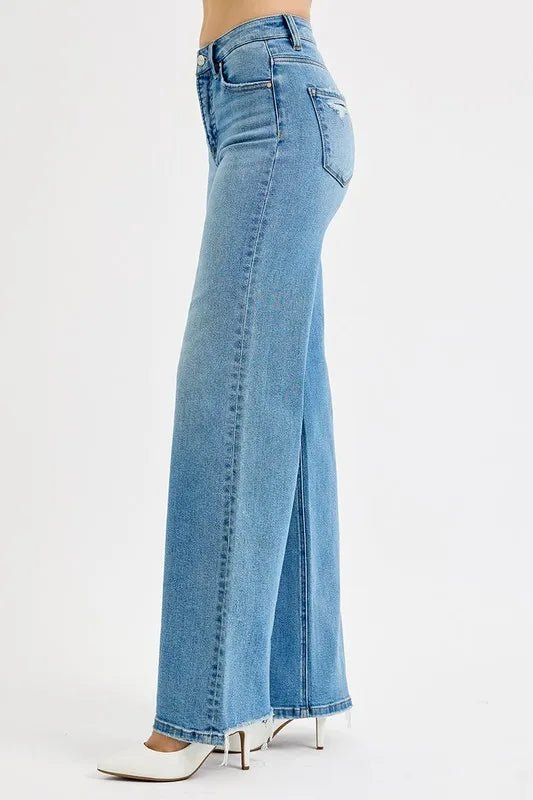 RISEN Full Size Distressed Wide Leg Jeans Plus Size - Demented Sisters