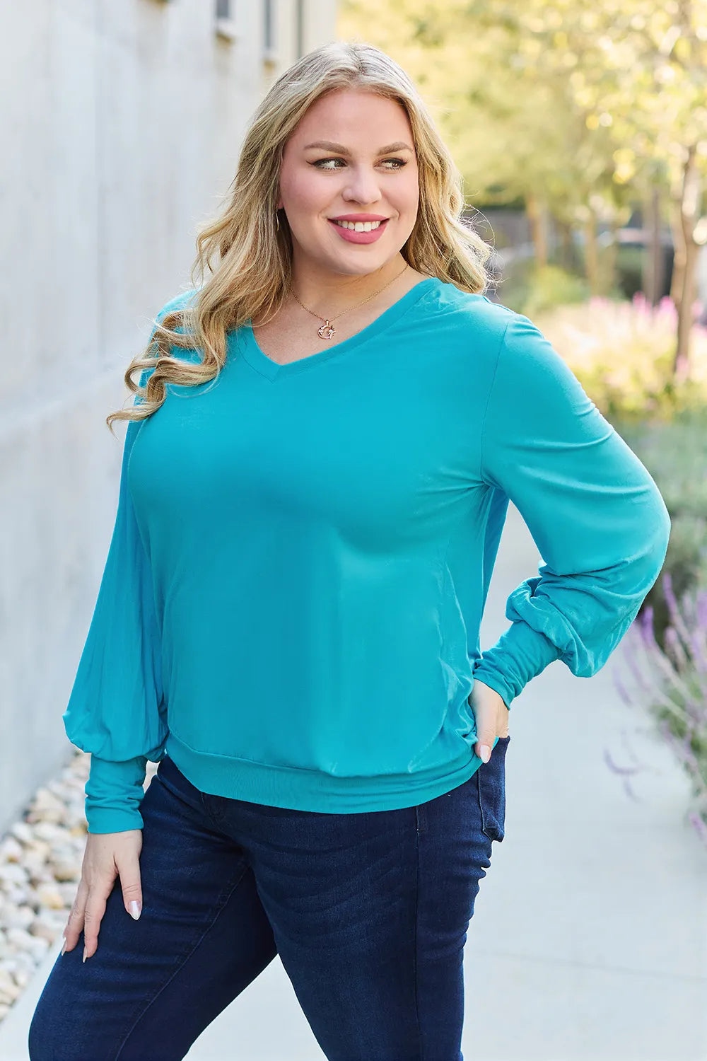 Basic Bae Full Size V - Neck Lantern Sleeve Top - Demented Sisters