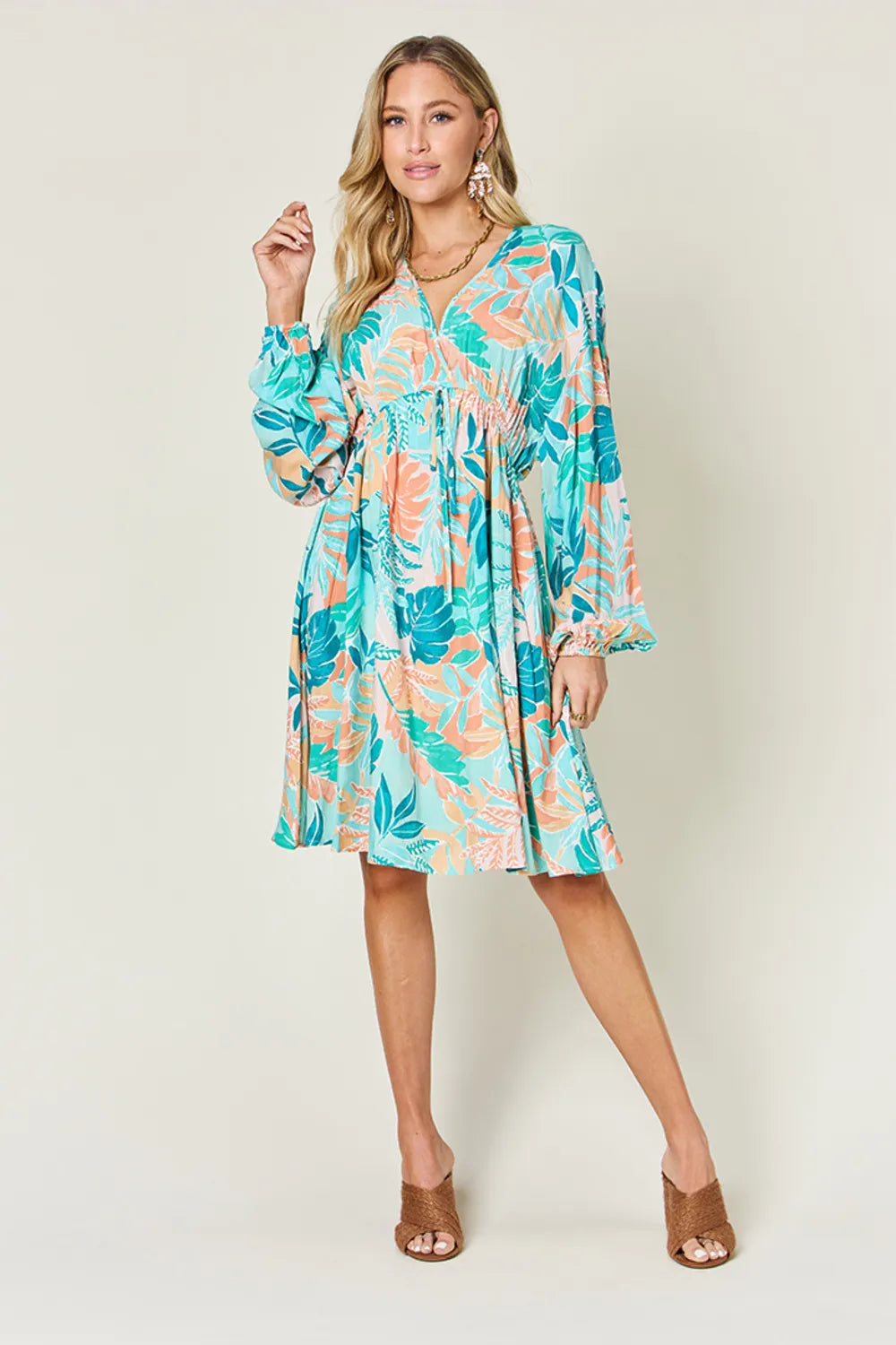 Double Take Full Size Printed V - Neck Drawstring Dress - Demented Sisters