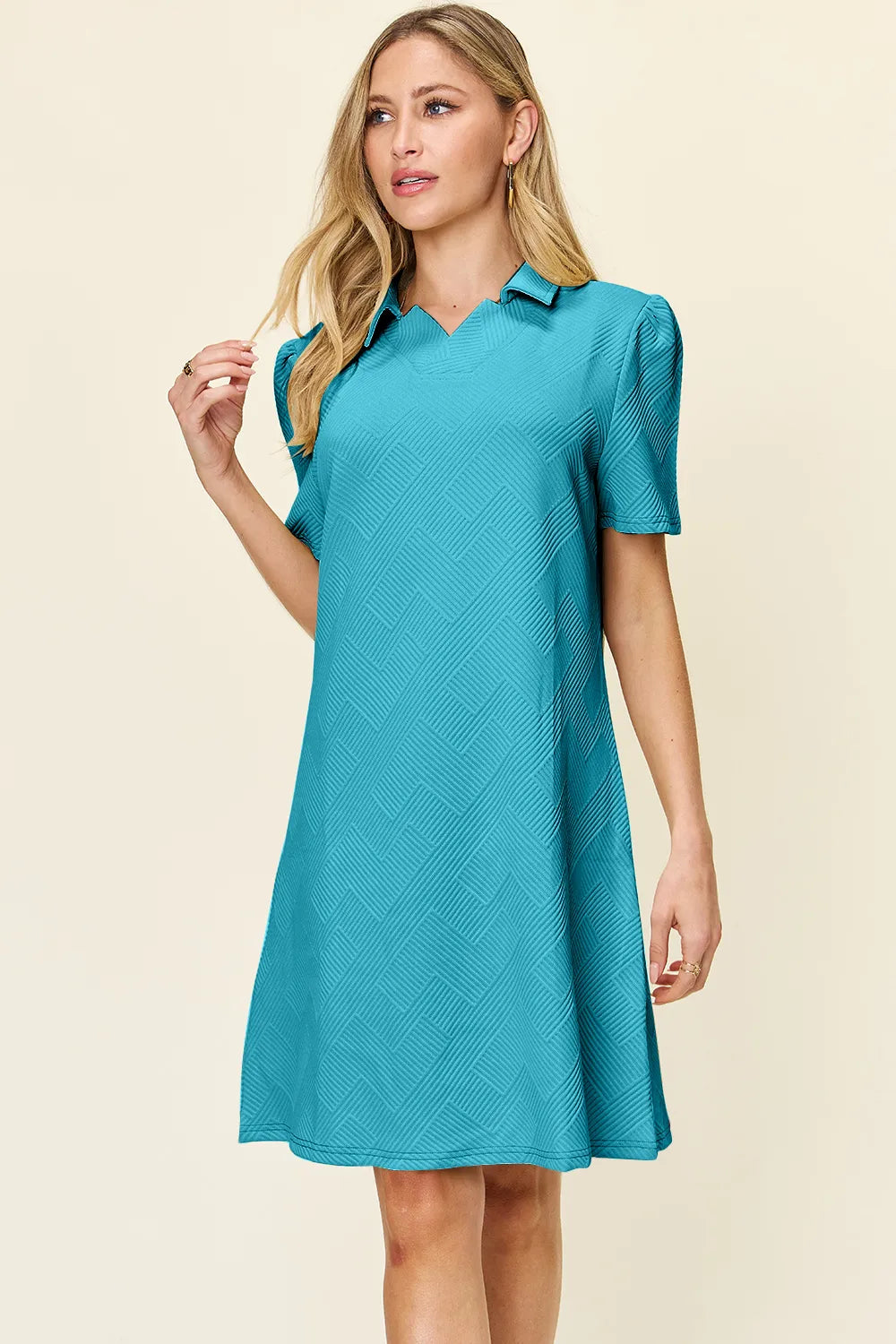 Double Take Full Size Texture Collared Neck Short Sleeve Dress - Demented Sisters
