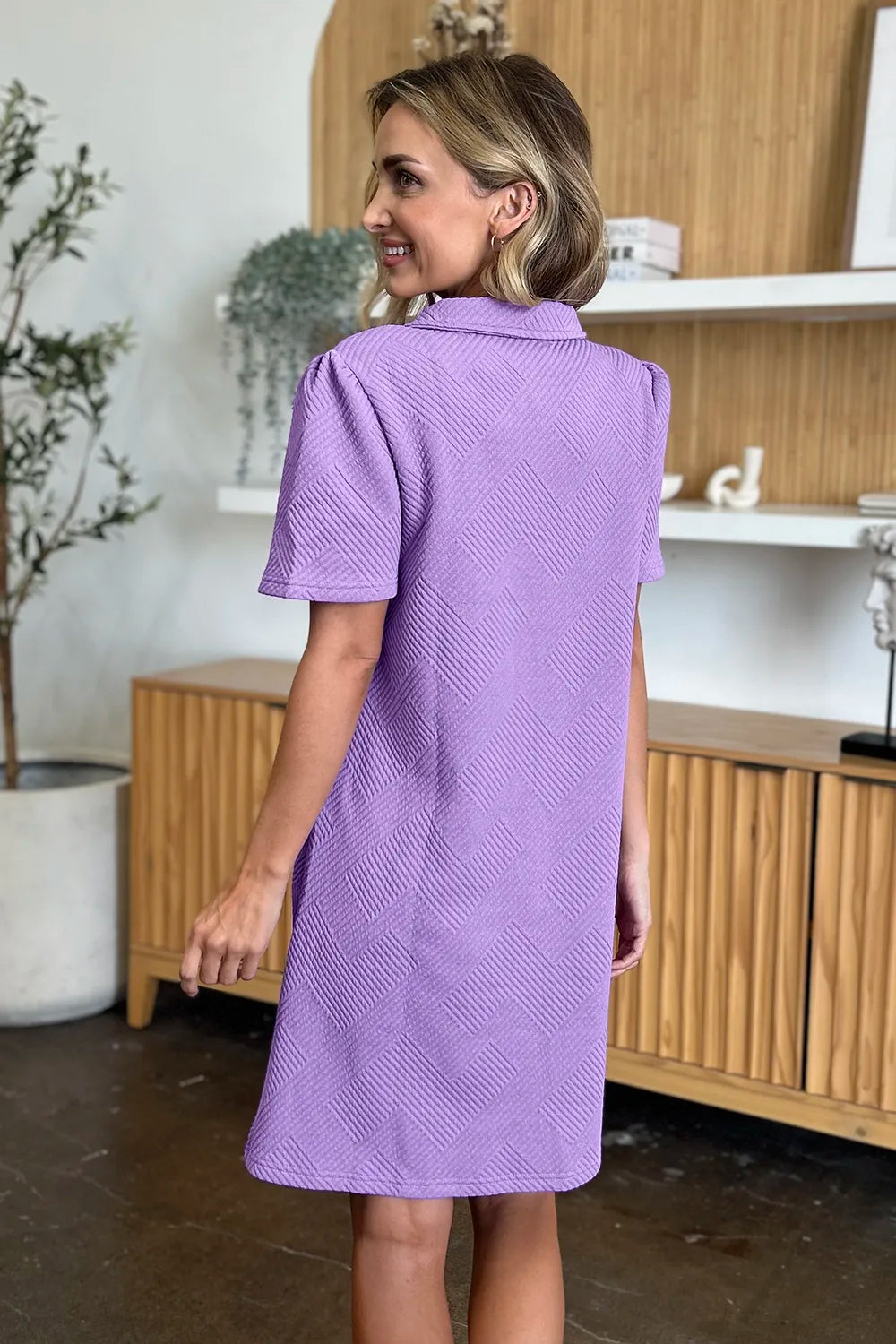 Double Take Full Size Texture Collared Neck Short Sleeve Dress - Demented Sisters